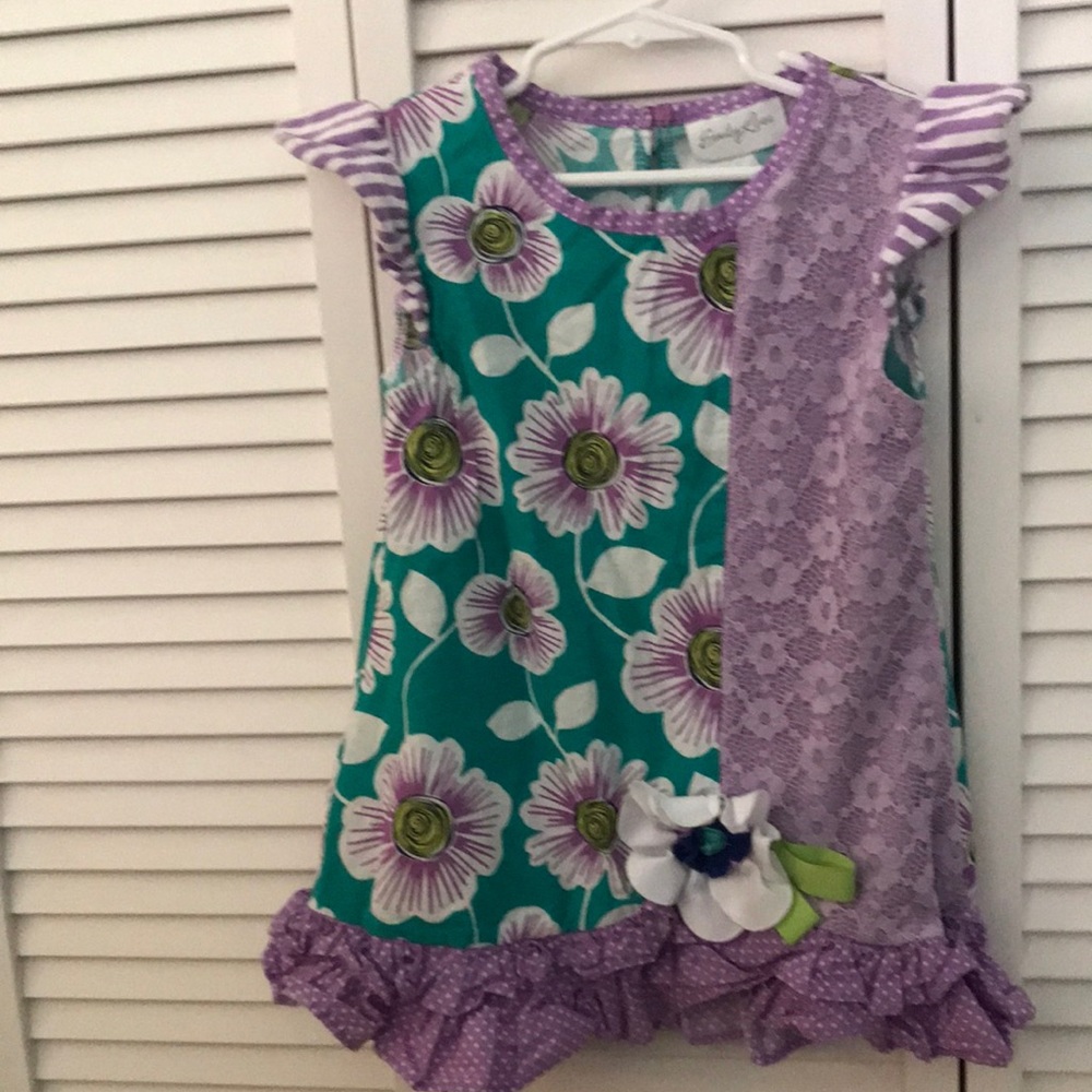 Emily Rose purple and green floral dress with lace and ribbon flower size 7